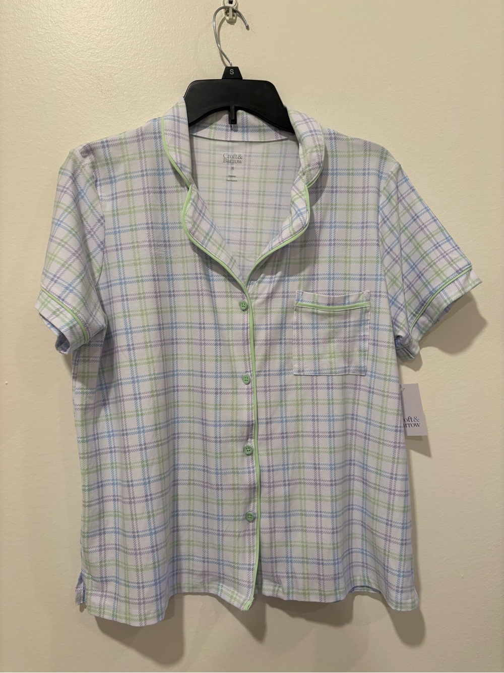 Light Plaid Short-Sleeve Button Shirt and Shorts Pajamas- Green & Blue